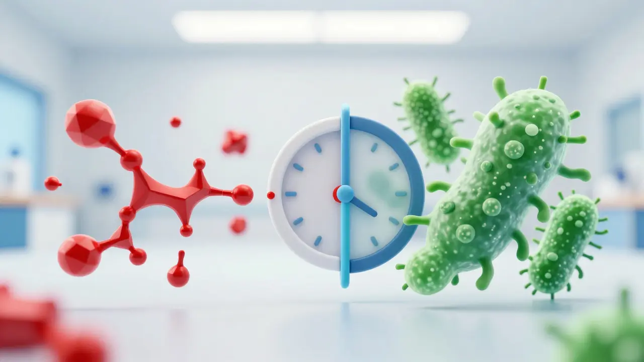 Konceptuální zobrazení interakce antibiotik a probiotik