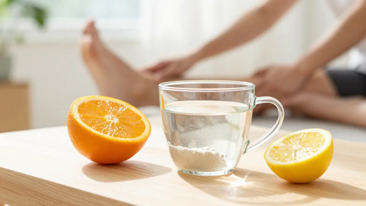 Nápoj s kolagenem a vitamínem C na stole