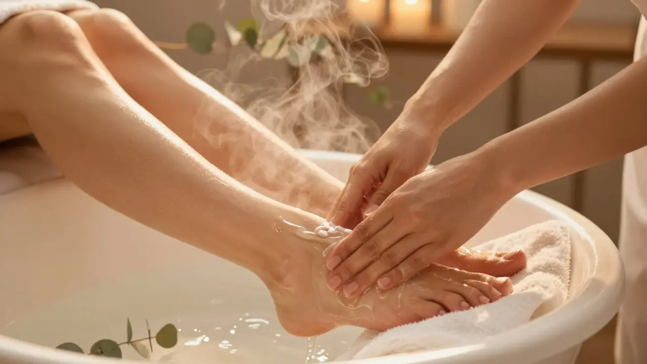 Relaxační masáž nohou s hydratačním krémem v luxusním spa