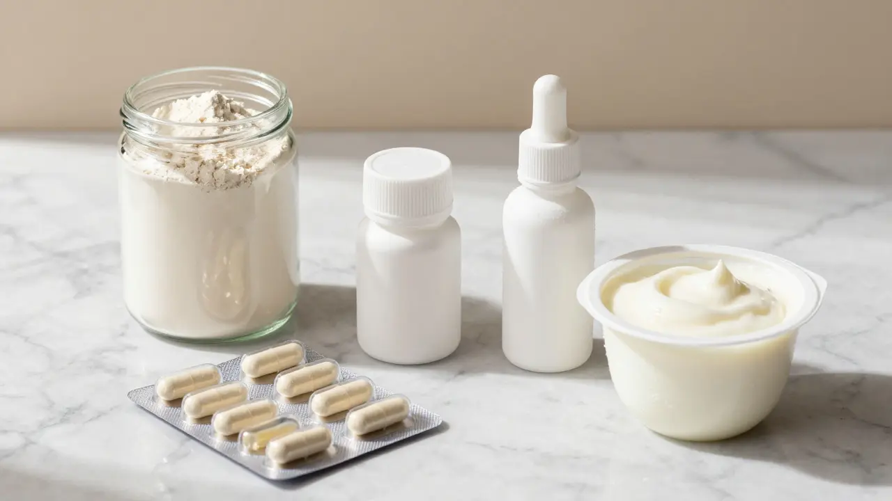 Různé formy probiotik: kapsle, prášek, kapky a jogurt na mramoru