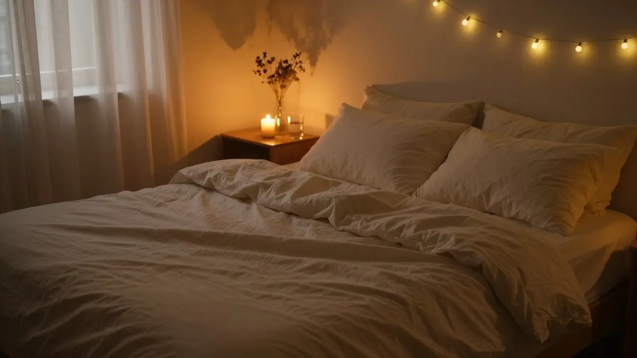 Uklidňující ložnice s teplým svícením a měkkými povlečeními pro intimní atmosféru.