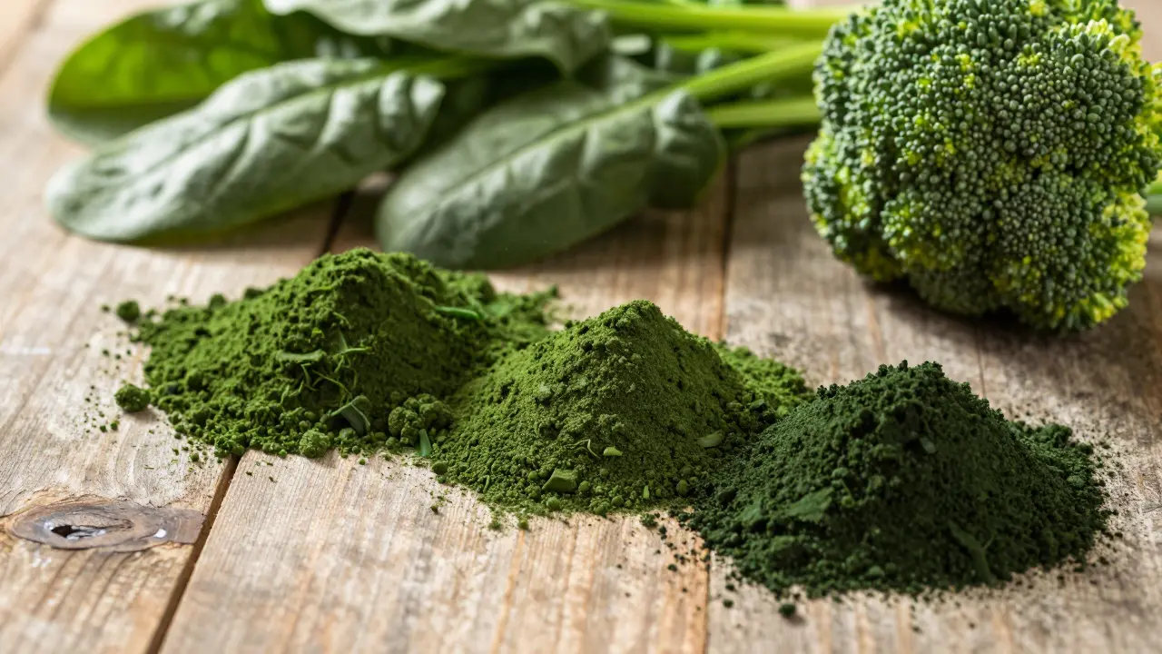Zelená řasa chlorela a spirulina vedle čerstvé zeleniny na dřevěném stole