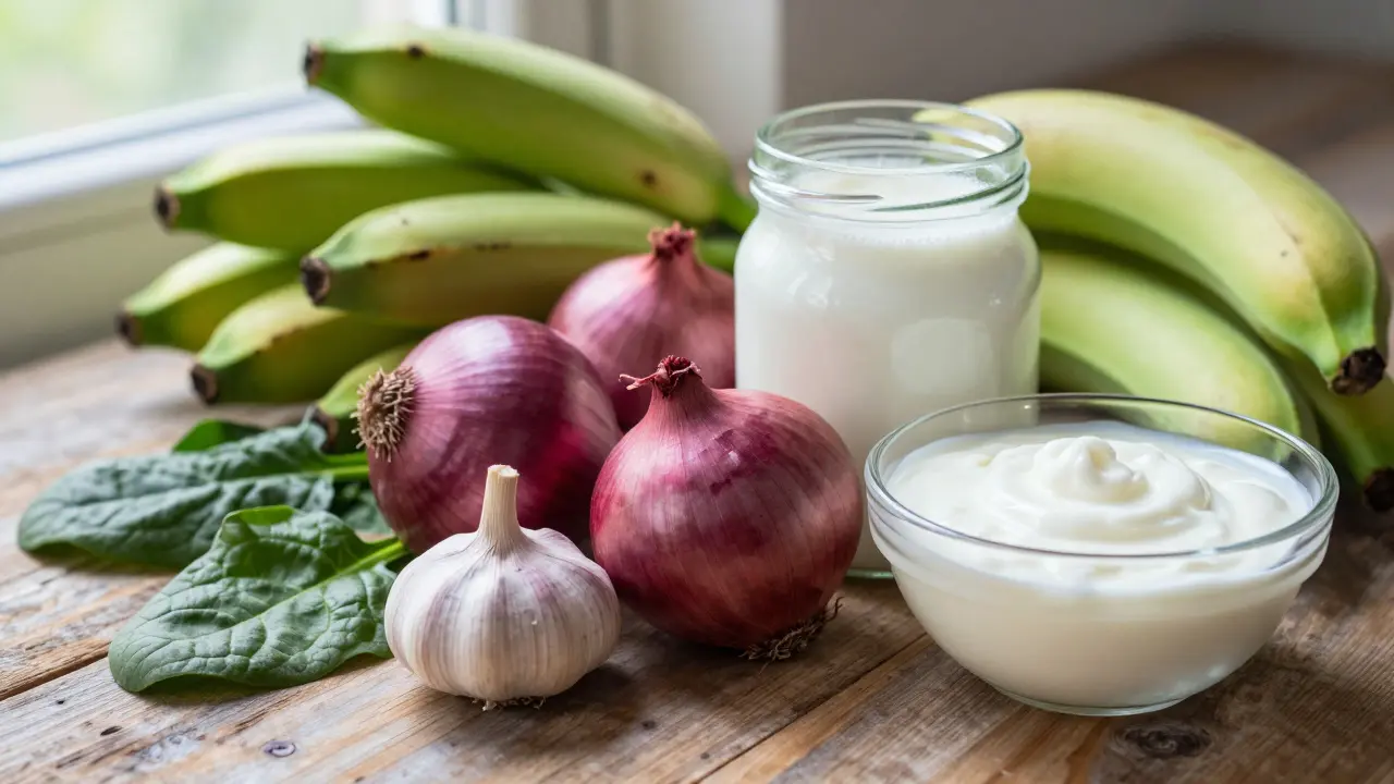 Čerstvé prebiotické potraviny jako cibule, banány a kefír