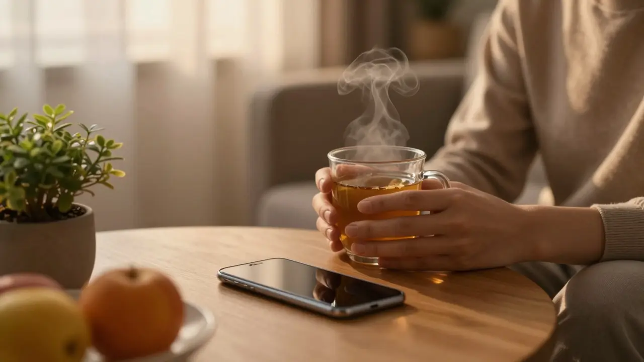 Klidná scéna digitálního detoxu s horkým nápojem bez telefonu