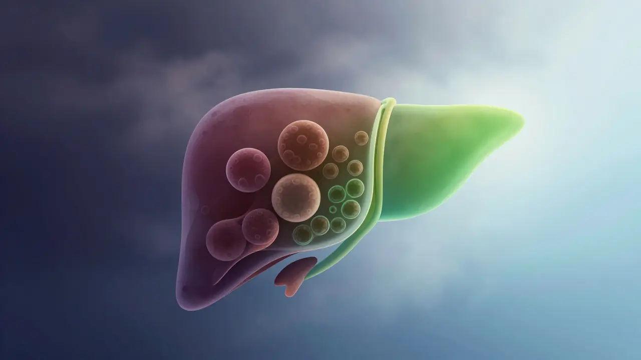 Konceptuální zobrazení procesu uzdravení jater od toxicity k zdraví