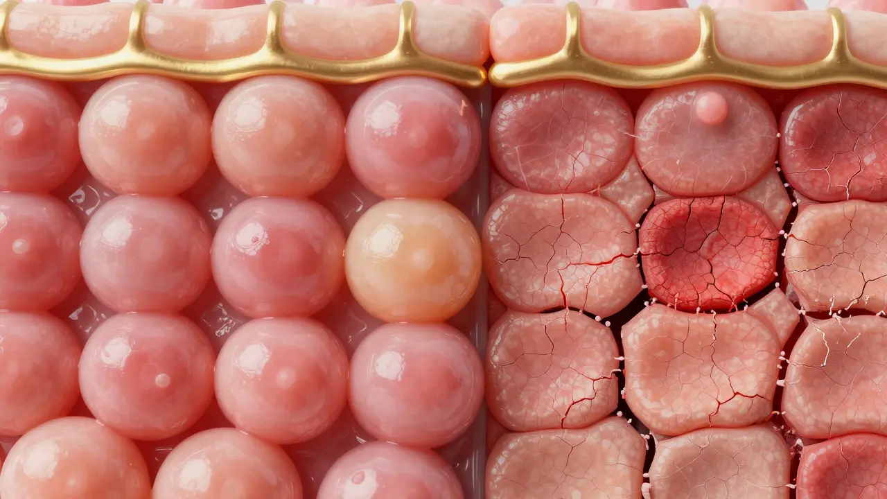 Makro pohled na zdravou versus podrážděnou kožní bariéru