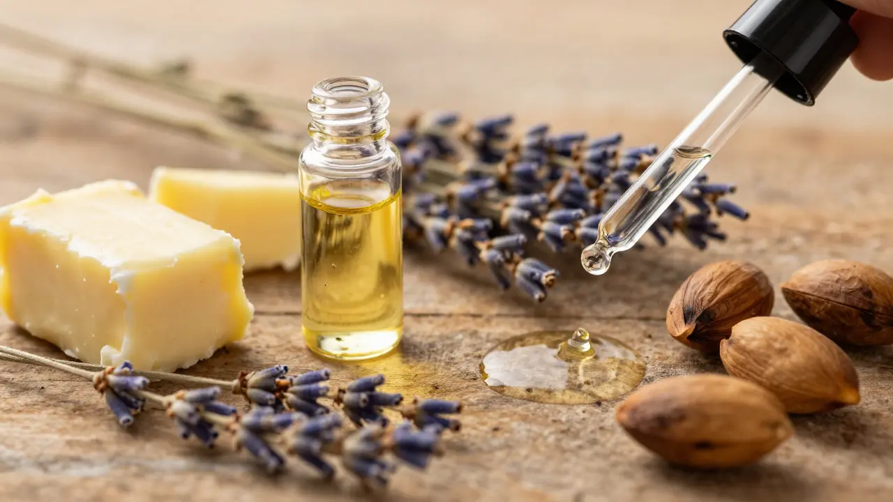Přírodní ingredience jako máslo shea a oleje na dřevěném povrchu.