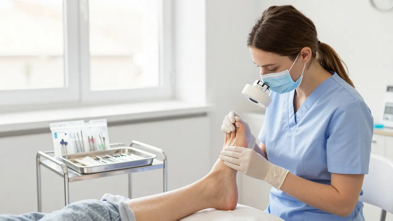 Profesionální medicinský pedikér vyšetřuje nohu v čistém, sterilním salonu.