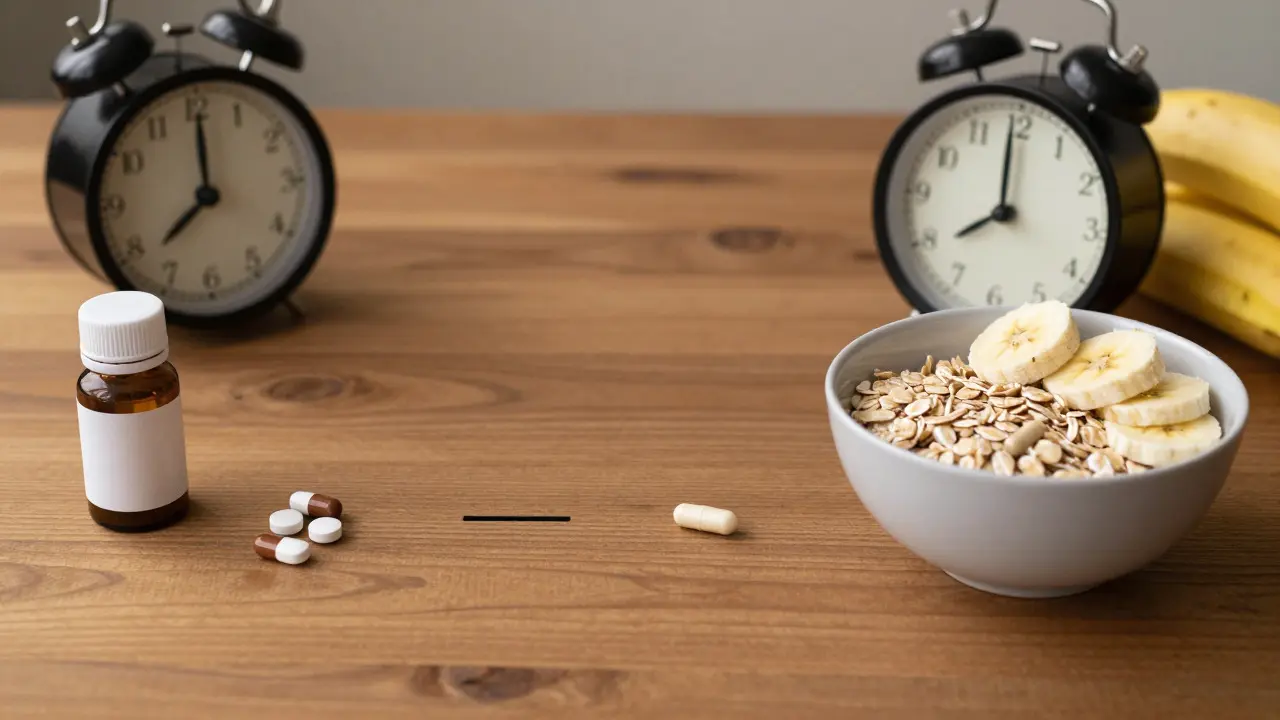 Antibiotika a probiotika oddělená časem na dřevěném stole