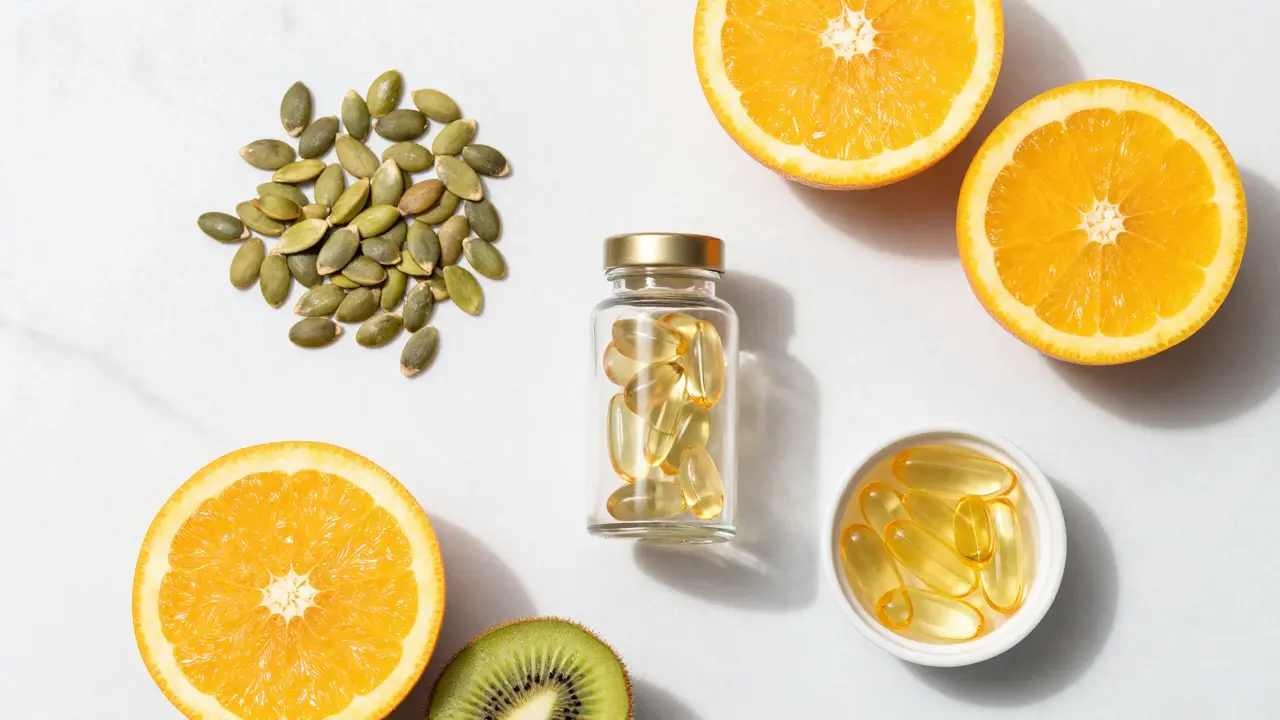 Biotin, dýňová semínka, citrusy a omega-3 na mramoru