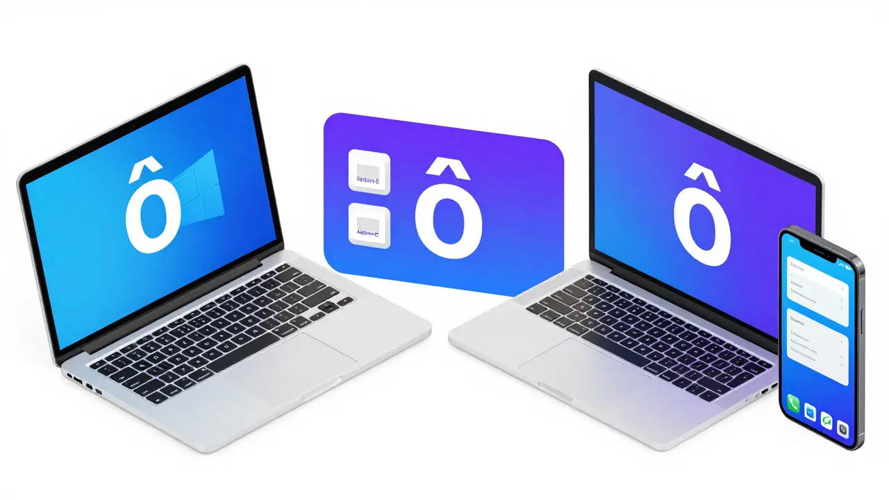Porovnání způsobů zadání znaku ô na Windows, Macu a mobilním telefonu