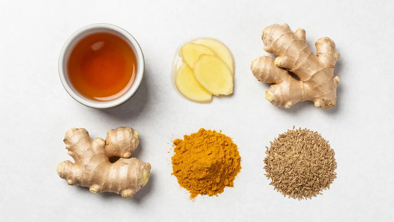 Přírodní ingredience jako zázvor a kurkuma na bílém podkladu