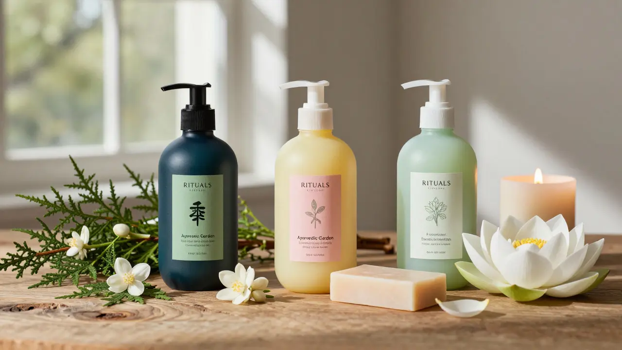 Produktová řada Rituals s bylinkami a květy na dřevěném povrchu