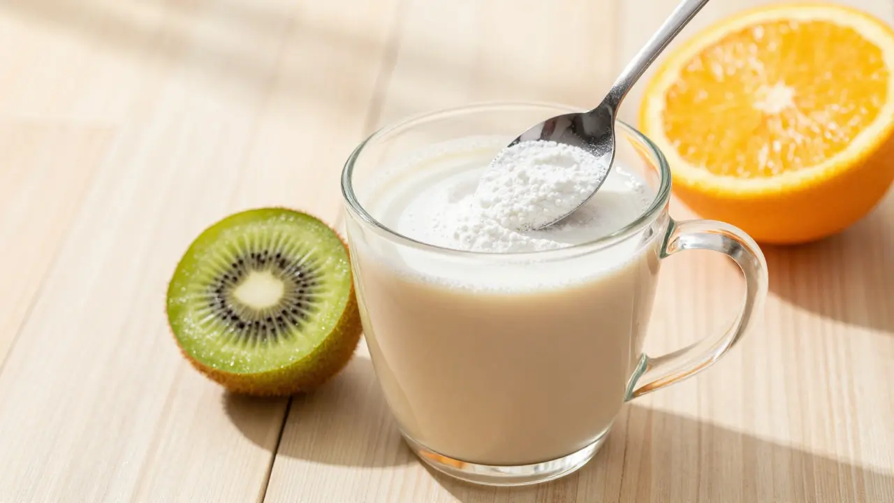 Sklenice s nápojem a práškem kolagenu vedle citrusového ovoce pro vitamín C