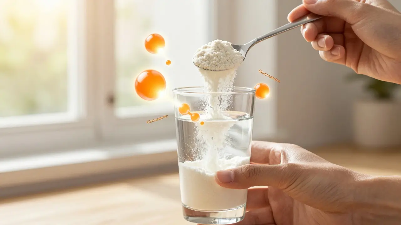 Sklenice vody s rozpouštějícím se kolagenem a vitamínem C