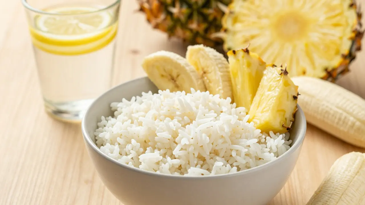 Zdravé jídlo pro zotavení: rýže, banány, ananas a hydratační nápoj