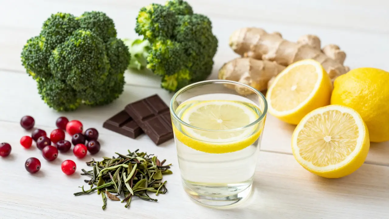 Čerstvé detoxikační potraviny jako brokolice a citron na dřevěném stole