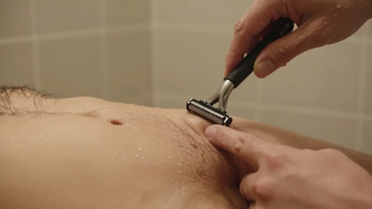Detail ruky natahující kůži při holení ve sprše