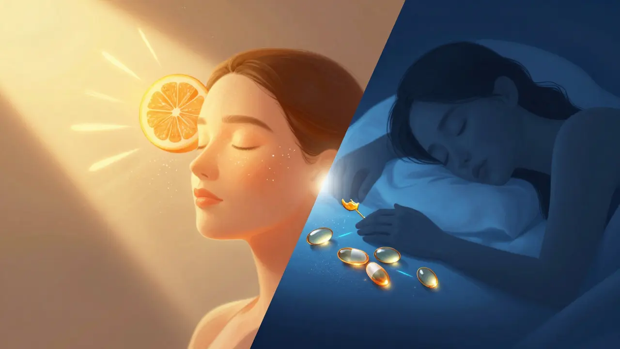 Konceptuální ilustrace ranní ochrany vitamínem C a večerní regenerace retinolem
