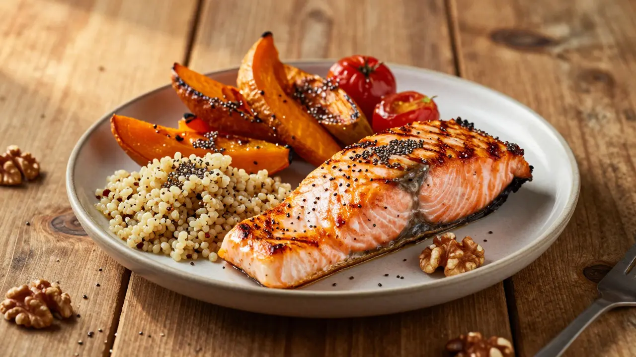 Plate of grilled salmon with quinoa, roasted vegetables, and nuts on a wooden table