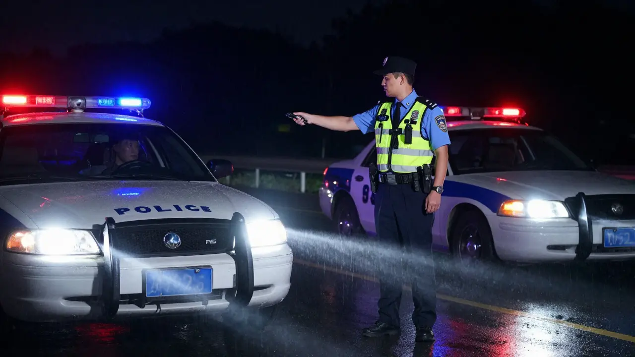 Policista provádí dechovou zkoušku řidiči v noci