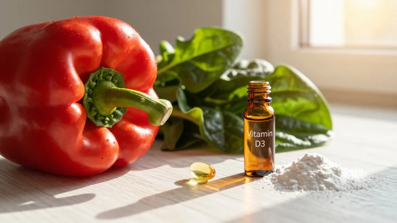 Potraviny a vitamínové kapky ve slunečním světle