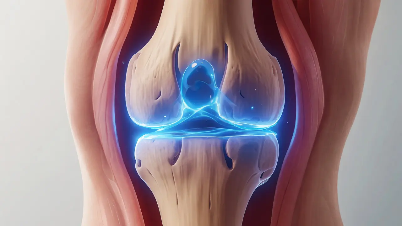 Anatomický řez kolenem se zvýrazněnou synoviální tekutinou
