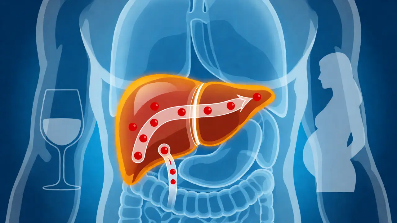Ilustrace jater s varovným světlem znázorňující metabolismus léku