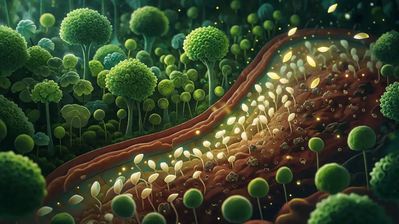 Konceptuální ilustrace střevního mikrobiomu jako lesa
