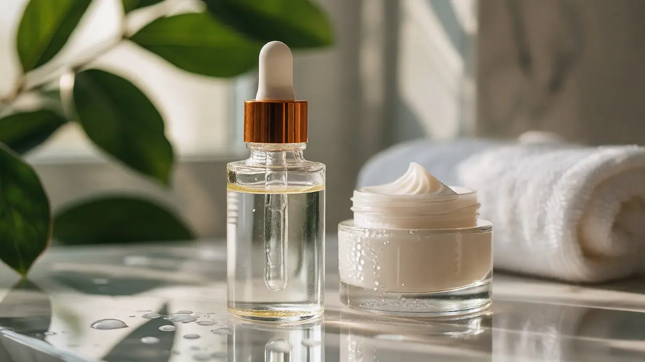 Skincare produkty jako sérum a hydratační gel v klidném prostředí koupelny