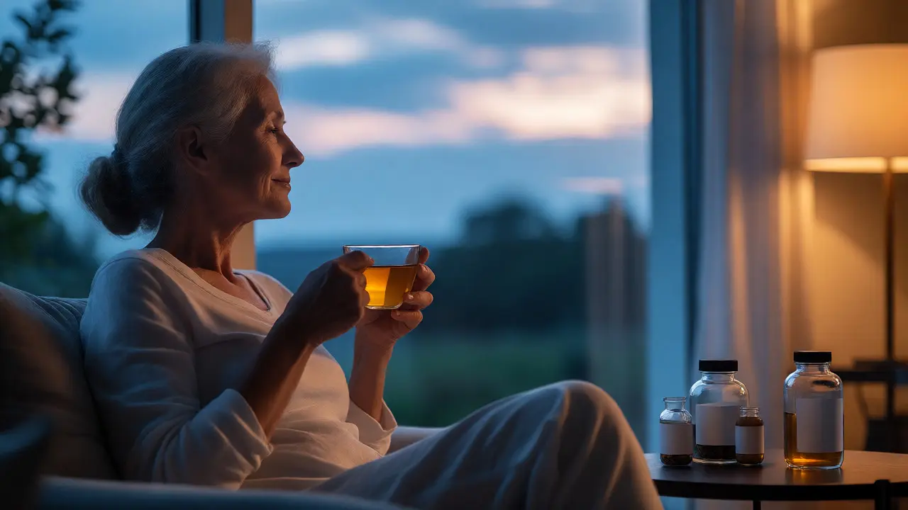 Uvolněná žena ve věku menopauzy s čajem u okna