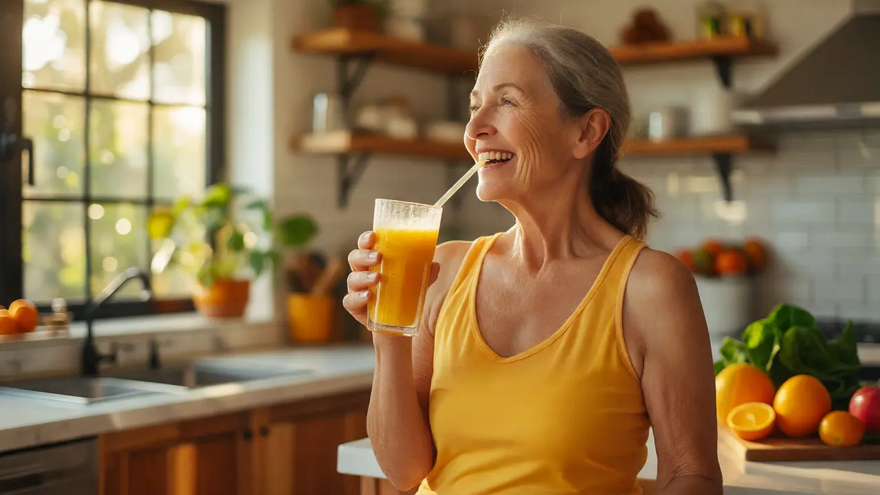 Zdravá zralá žena pije osvěžující smoothie s kolagenem ve světlé kuchyni.