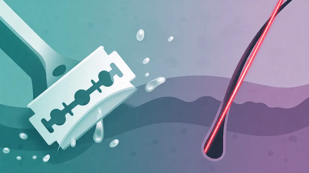 Ilustrace porovnávající holení žiletkou s technologií laserové depilace.