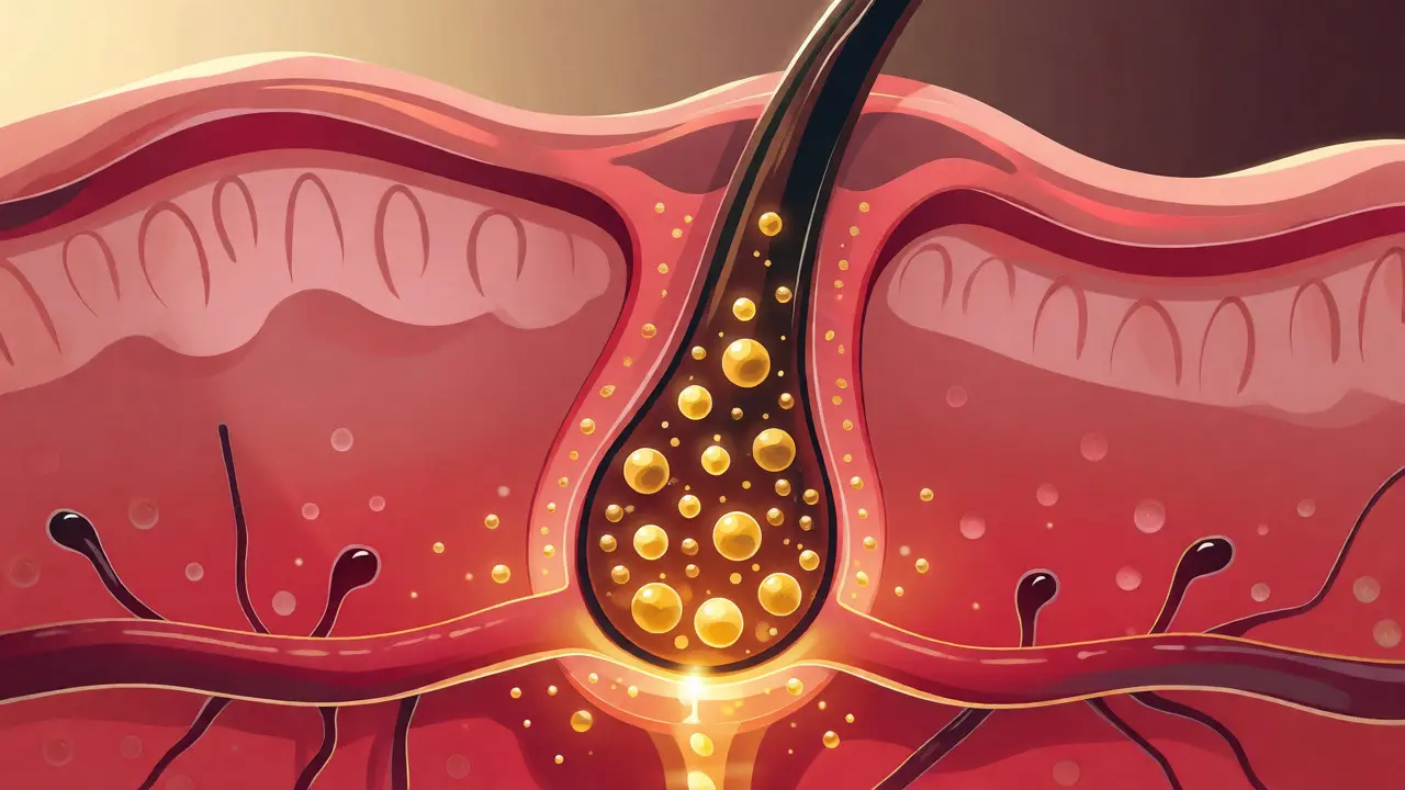 Ilustrace vlasového folikulu s živinami procházejícími k kořenu pro podporu růstu