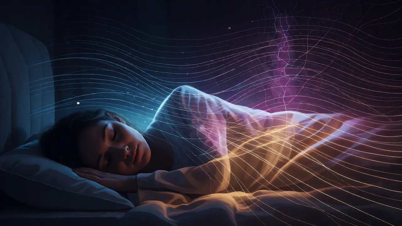 Konceptuální ilustrace spánku a jeho vlivu na rovnováhu střev