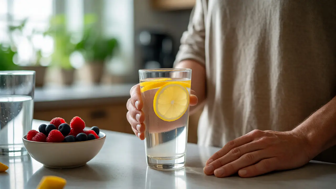 Osoba připravující pití s vitaminem C a ovocem v kuchyni