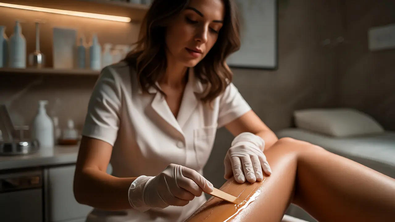 Profesionální aplikace vosku estetickou specialistkou v klinickém prostředí.