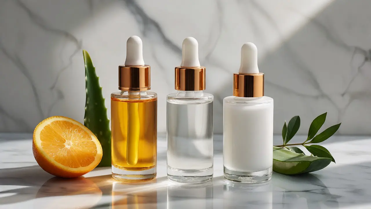 Tři lahvičky s pleťovými séry a přírodními ingrediencemi