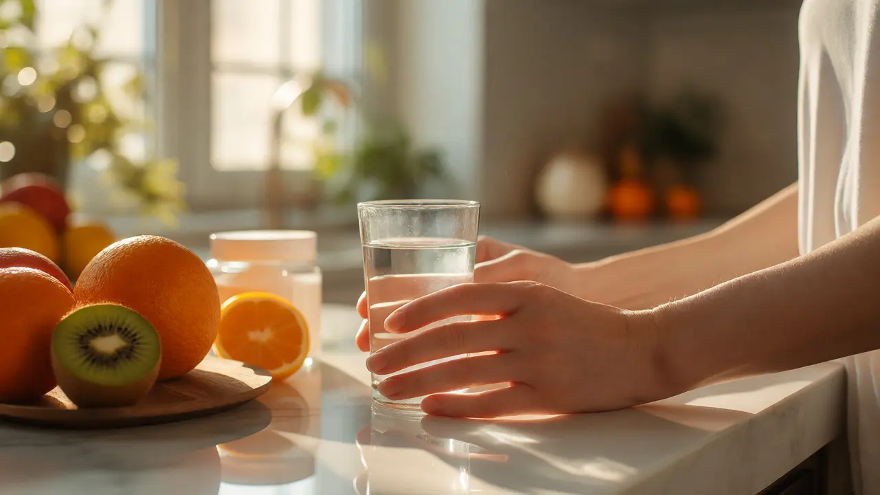 Ženské ruce s vodou a citrusy pro podporu hydratace